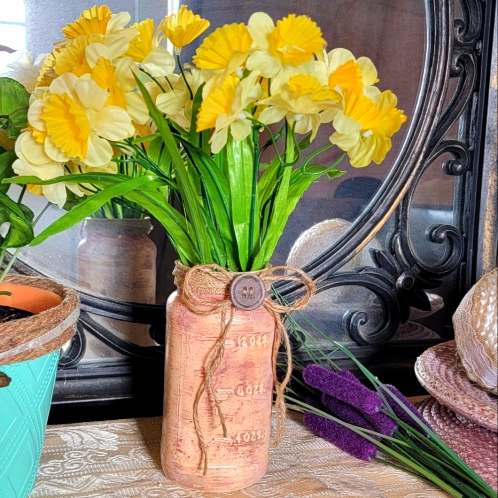 Handmade Floral Decor Rustic Farmhouse Mason Jar Vase & Flowers